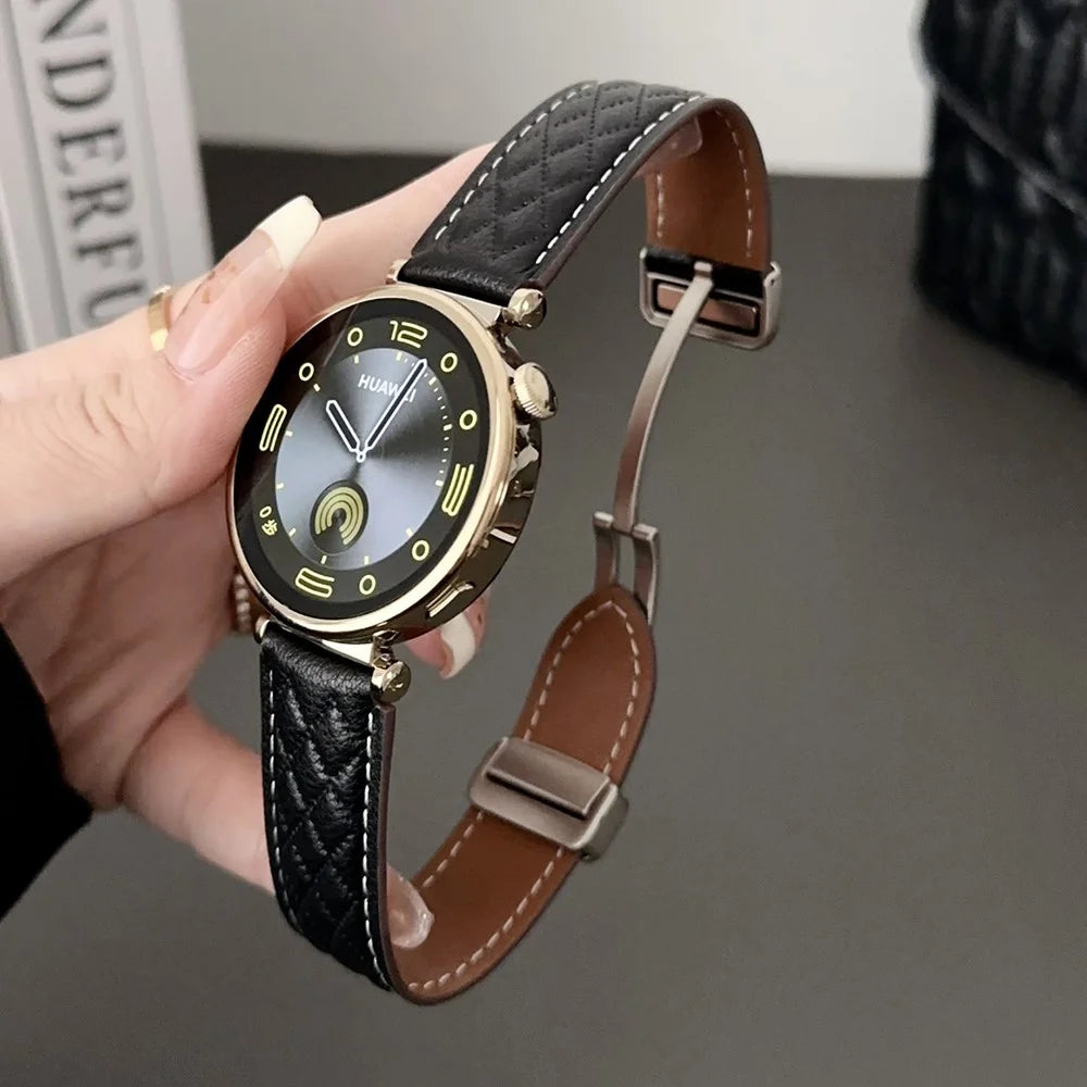 For Samsung Galaxy Watch3 45mm / Huawei Watch GT 4 46mm Watch Strap 22mm Genuine Cow Leather Magnetic Buckle Band - Black - 1
