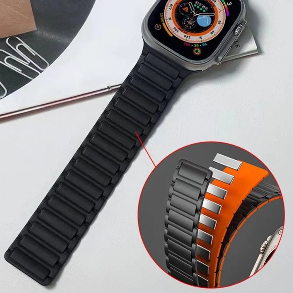 For Apple Watch Series 11 10 42mm / 9 8 7 41mm / SE3 SE2 SE 6 5 4 40mm / 3 2 1 38mm Watchband Magnetic Strap - Black+Orange - 6
