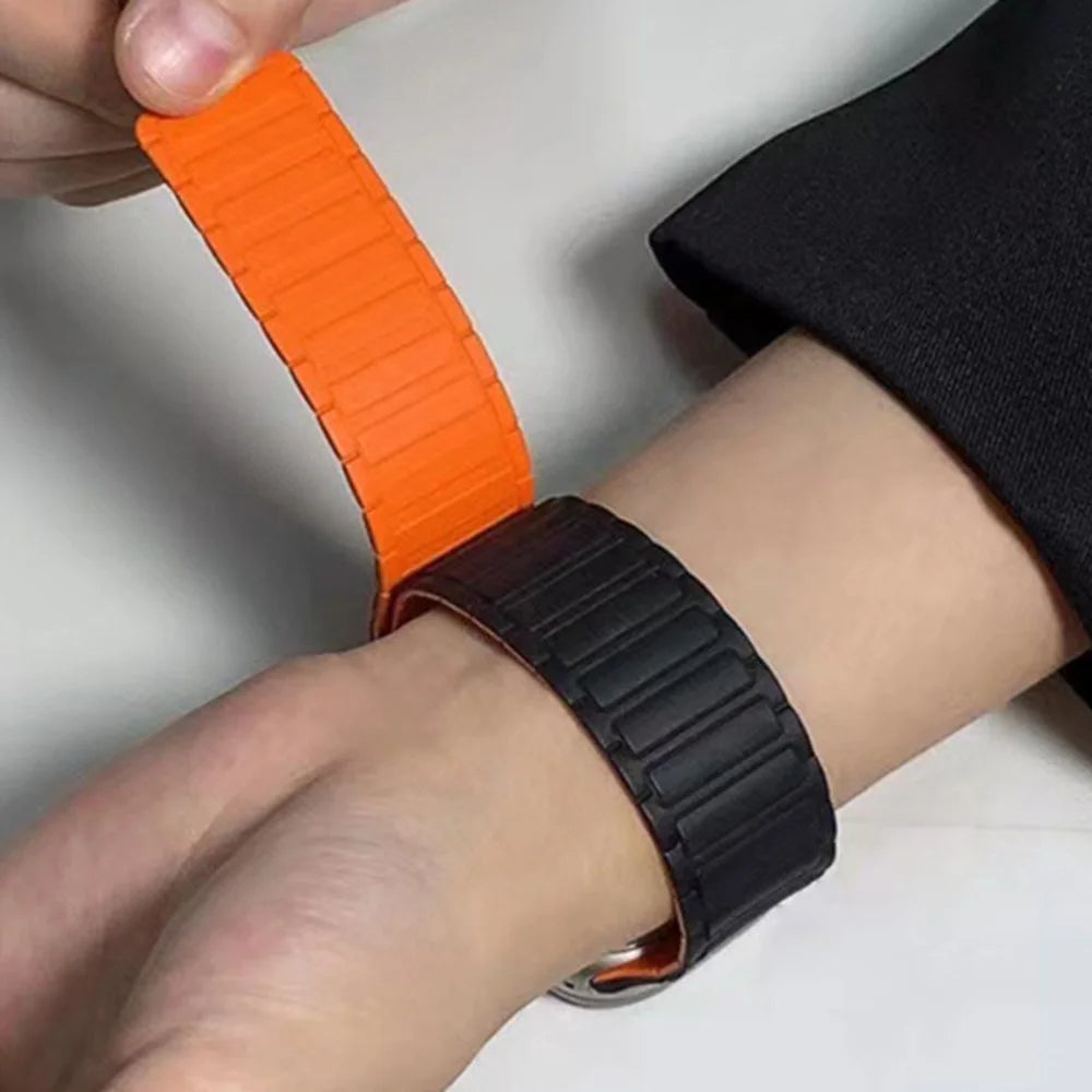 For Apple Watch Series 11 10 42mm / 9 8 7 41mm / SE3 SE2 SE 6 5 4 40mm / 3 2 1 38mm Watchband Magnetic Strap - Black+Orange - 7