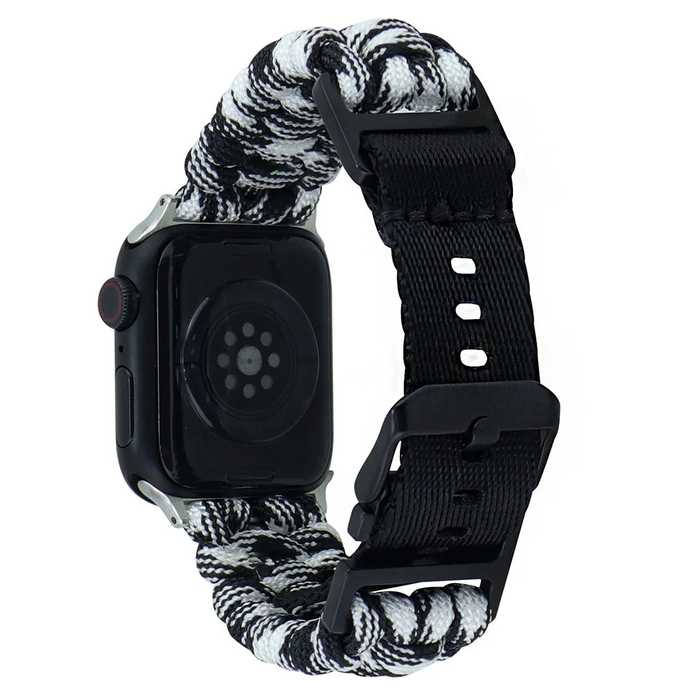 For Apple Watch Ultra 3 2 1 49mm / Series 11 10 46mm / 9 8 7 45mm / SE3 SE2 SE 6 5 4 44mm / 3 2 1 42mm Camo Braided Watch Strap - Black+White - 1