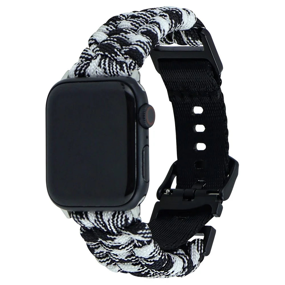For Apple Watch Ultra 3 2 1 49mm / Series 11 10 46mm / 9 8 7 45mm / SE3 SE2 SE 6 5 4 44mm / 3 2 1 42mm Camo Braided Watch Strap - Black+White - 3