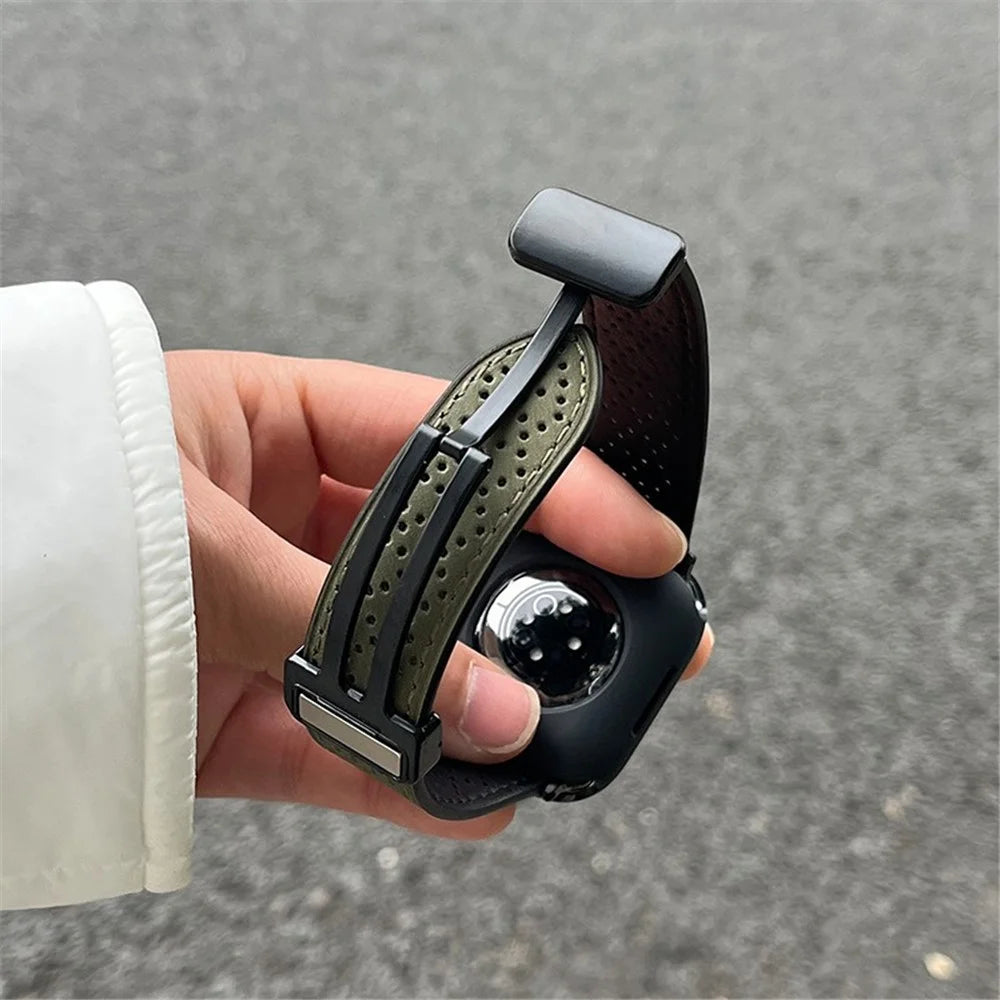 For Apple Watch Ultra 3 2 1 49mm / Series 11 10 46mm / 9 8 7 45mm / SE3 SE2 SE 6 5 4 44mm / 3 2 1 42mm Watch Strap Genuine Cow Leather Magnetic Band - Army Green - 1