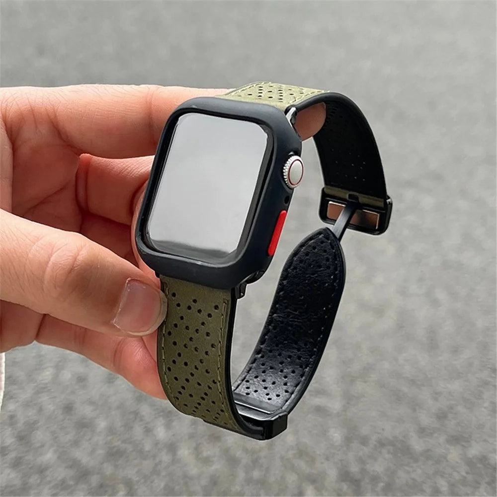 For Apple Watch Ultra 3 2 1 49mm / Series 11 10 46mm / 9 8 7 45mm / SE3 SE2 SE 6 5 4 44mm / 3 2 1 42mm Watch Strap Genuine Cow Leather Magnetic Band - Army Green - 2