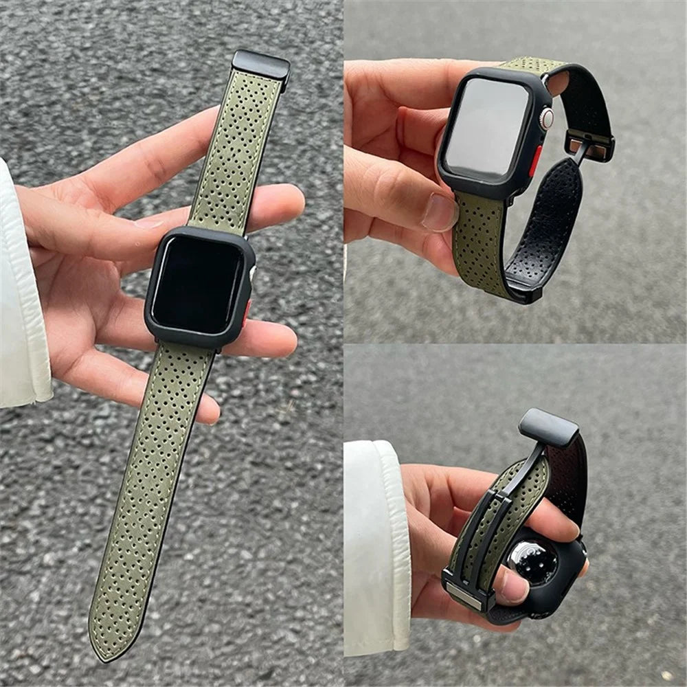 For Apple Watch Ultra 3 2 1 49mm / Series 11 10 46mm / 9 8 7 45mm / SE3 SE2 SE 6 5 4 44mm / 3 2 1 42mm Watch Strap Genuine Cow Leather Magnetic Band - Army Green - 3