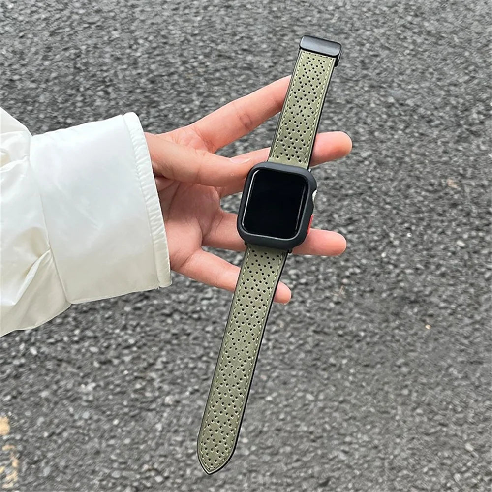 For Apple Watch Ultra 3 2 1 49mm / Series 11 10 46mm / 9 8 7 45mm / SE3 SE2 SE 6 5 4 44mm / 3 2 1 42mm Watch Strap Genuine Cow Leather Magnetic Band - Army Green - 4