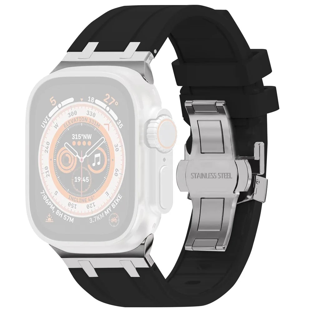 For Apple Watch Series 11 10 42mm / 9 8 7 41mm / SE3 SE2 SE 6 5 4 40mm / 3 2 1 38mm Silicone Band Butterfly Buckle Watch Strap - Black - 1