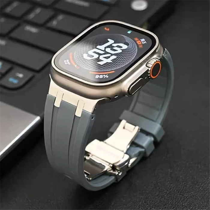 For Apple Watch Series 11 10 42mm / 9 8 7 41mm / SE3 SE2 SE 6 5 4 40mm / 3 2 1 38mm Silicone Band Butterfly Buckle Watch Strap - Black - 5