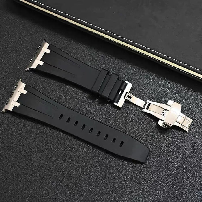 For Apple Watch Series 11 10 42mm / 9 8 7 41mm / SE3 SE2 SE 6 5 4 40mm / 3 2 1 38mm Silicone Band Butterfly Buckle Watch Strap - Black - 7