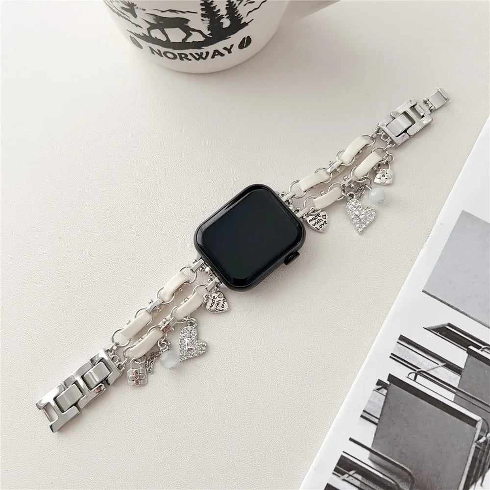Lovely Pendant Watch Strap for Apple Watch Series 11 10 42mm / 9 8 7 41mm / SE3 SE2 SE 6 5 4 40mm / 3 2 1 38mm Zinc Alloy+Leather Band - Silver+White - 1