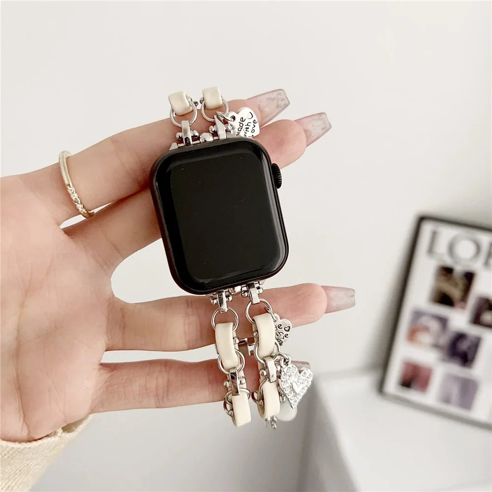 Lovely Pendant Watch Strap for Apple Watch Series 11 10 42mm / 9 8 7 41mm / SE3 SE2 SE 6 5 4 40mm / 3 2 1 38mm Zinc Alloy+Leather Band - Silver+White - 2