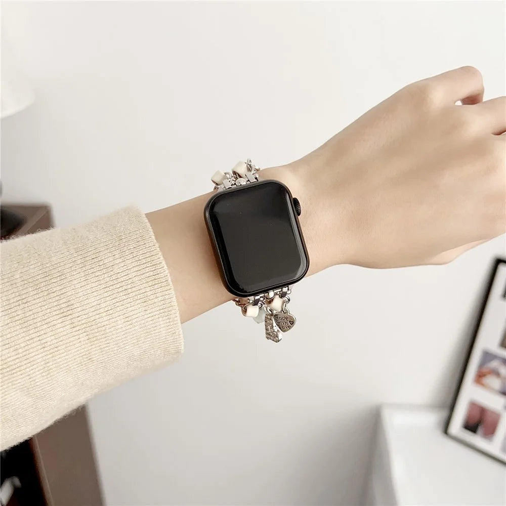 Lovely Pendant Watch Strap for Apple Watch Series 11 10 42mm / 9 8 7 41mm / SE3 SE2 SE 6 5 4 40mm / 3 2 1 38mm Zinc Alloy+Leather Band - Silver+White - 3