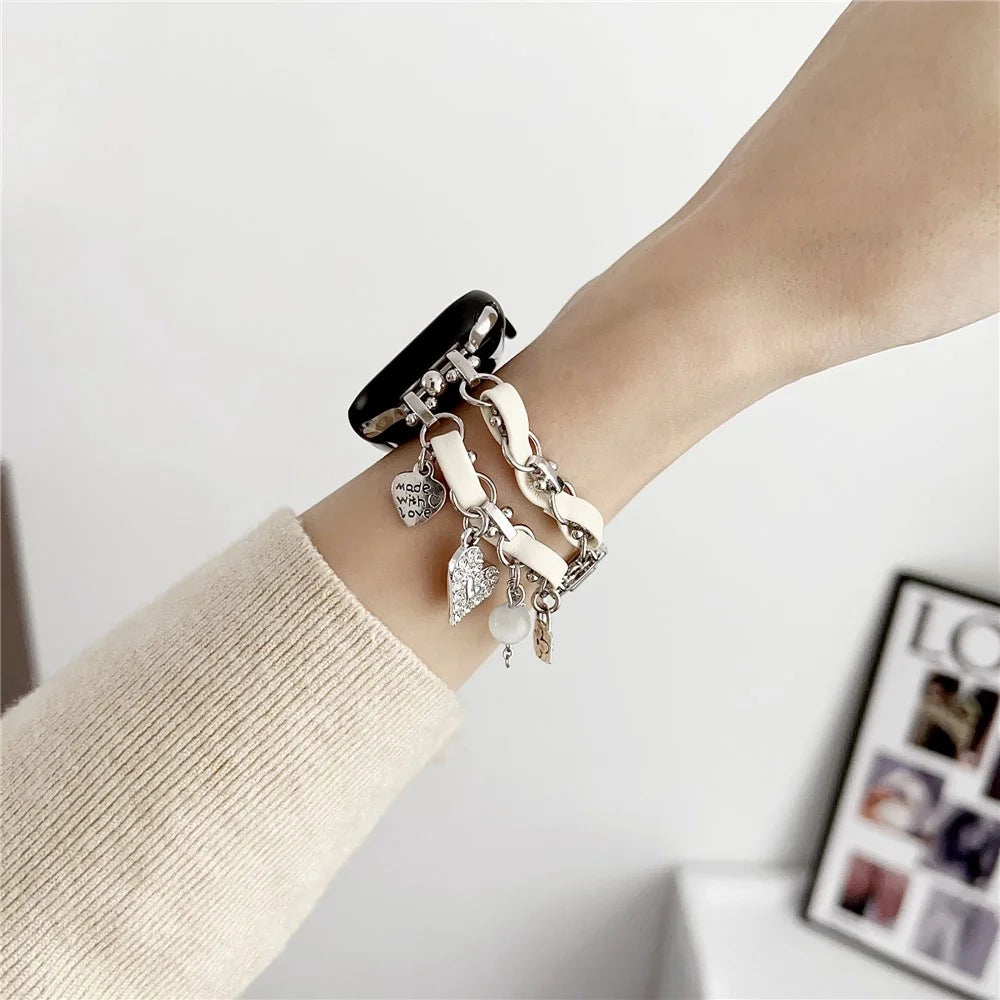 Lovely Pendant Watch Strap for Apple Watch Series 11 10 42mm / 9 8 7 41mm / SE3 SE2 SE 6 5 4 40mm / 3 2 1 38mm Zinc Alloy+Leather Band - Silver+White - 4