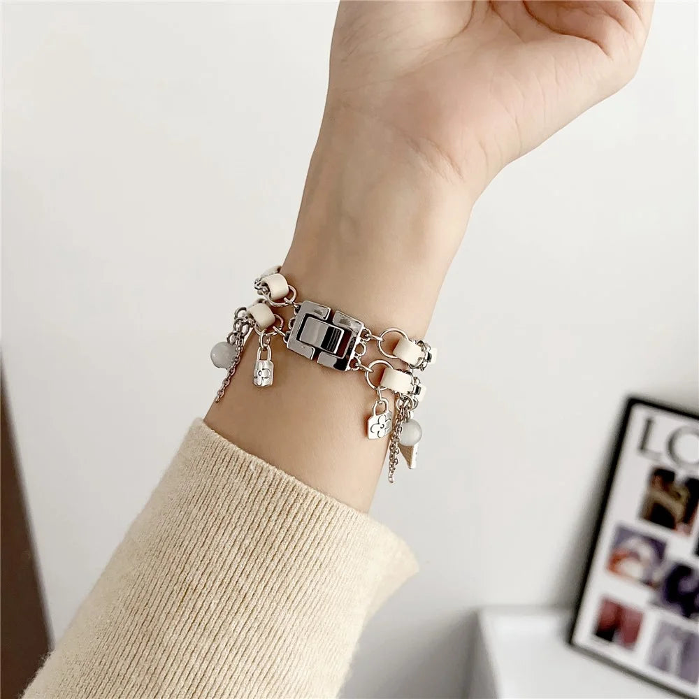 Lovely Pendant Watch Strap for Apple Watch Series 11 10 42mm / 9 8 7 41mm / SE3 SE2 SE 6 5 4 40mm / 3 2 1 38mm Zinc Alloy+Leather Band - Silver+White - 5