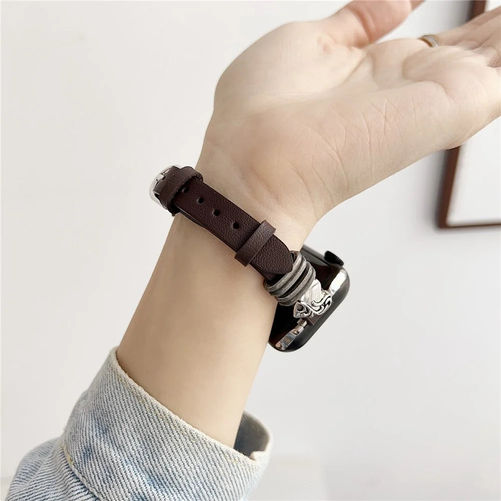 For Apple Watch Ultra 3 2 1 49mm / Series 11 10 46mm / 9 8 7 45mm / SE3 SE2 SE 6 5 4 44mm / 3 2 1 42mm Genuine Leather Watch Strap - Coffee - 4