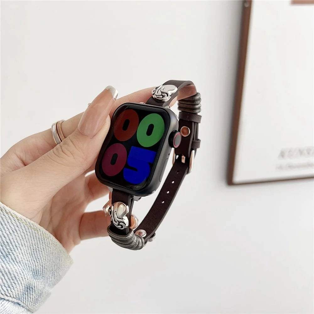 Leather Watch Band for Apple Watch Series 11 10 42mm / 9 8 7 41mm / SE3 SE2 SE 6 5 4 40mm / 3 2 1 38mm Heart Shape Adjustable Strap - Coffee - 2