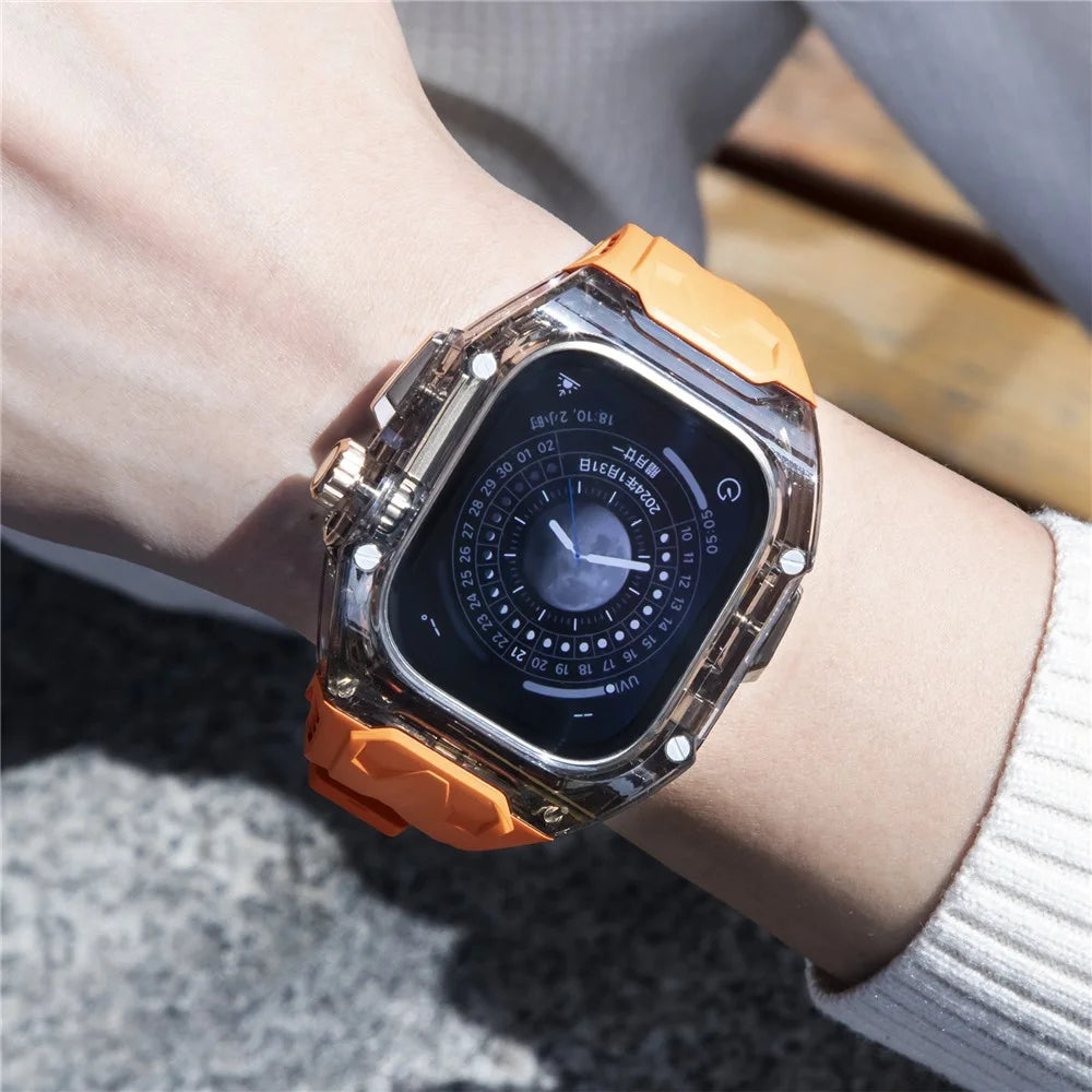 For Apple Watch Series 9 8 7 45mm / 6 5 4 SE (2023) SE (2022) SE 44mm TPU Watch Bands with Hard PC Case - Orange+Transparent Black - 4