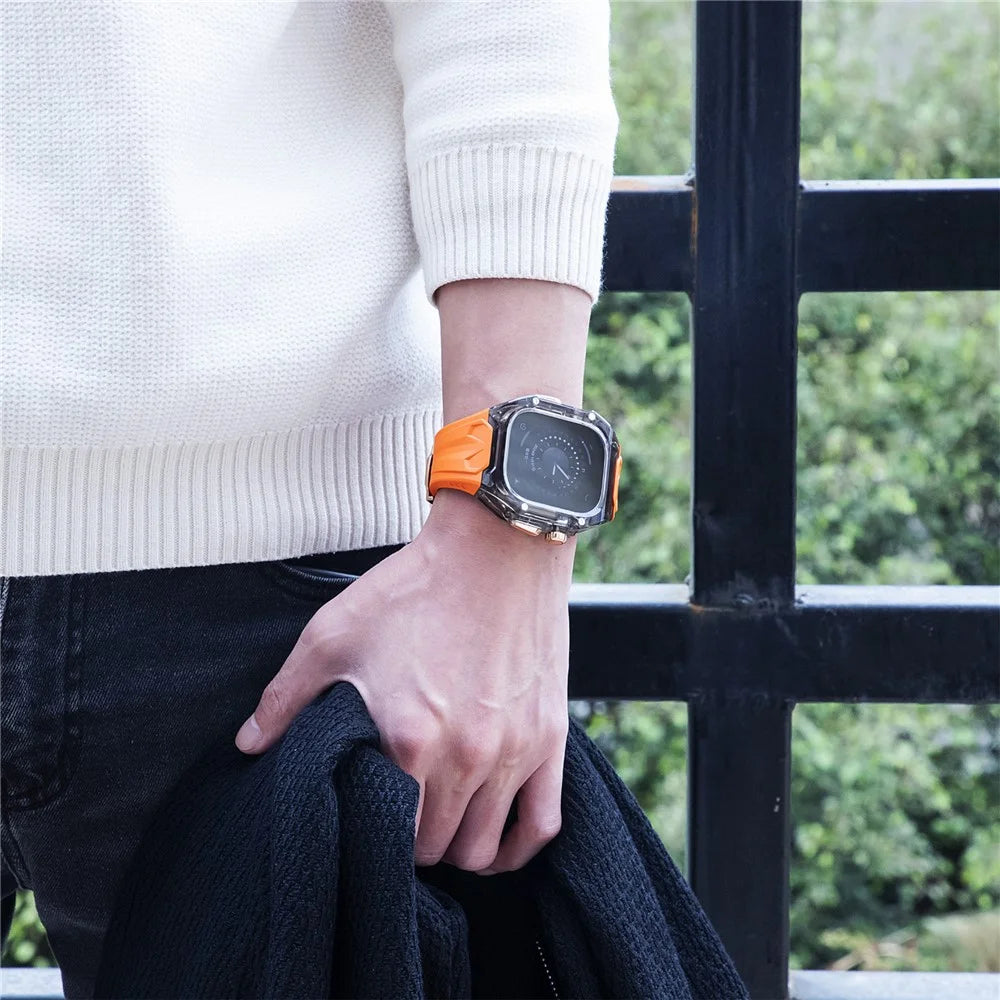 For Apple Watch Series 9 8 7 45mm / 6 5 4 SE (2023) SE (2022) SE 44mm TPU Watch Bands with Hard PC Case - Orange+Transparent Black - 5