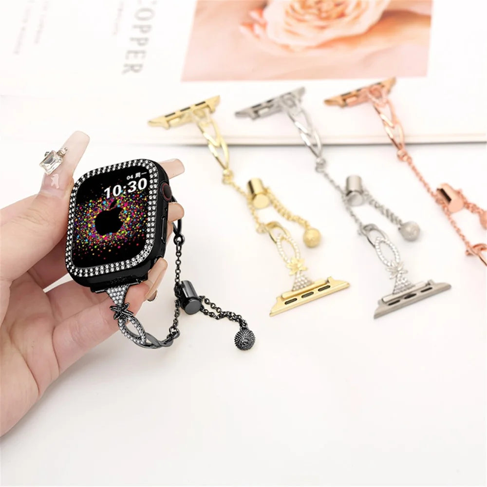 Copper Bracelet for Apple Watch Series 11 10 42mm / 9 8 7 41mm / SE3 SE2 SE 6 5 4 40mm / 3 2 1 38mm Rhinestone Decor Watch Strap - Black - 5
