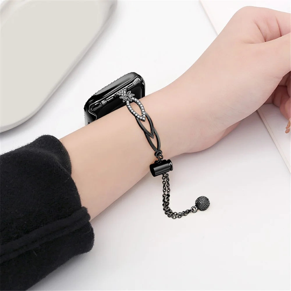 20mm Universal Smart Watch Band Rhinestone Decor Copper Bracelet Replacement Strap - Black - 3