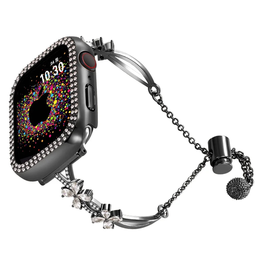 20mm Universal Rhinestone Flower Smart Watch Band Copper Bracelet Replacement Strap - Black - 2