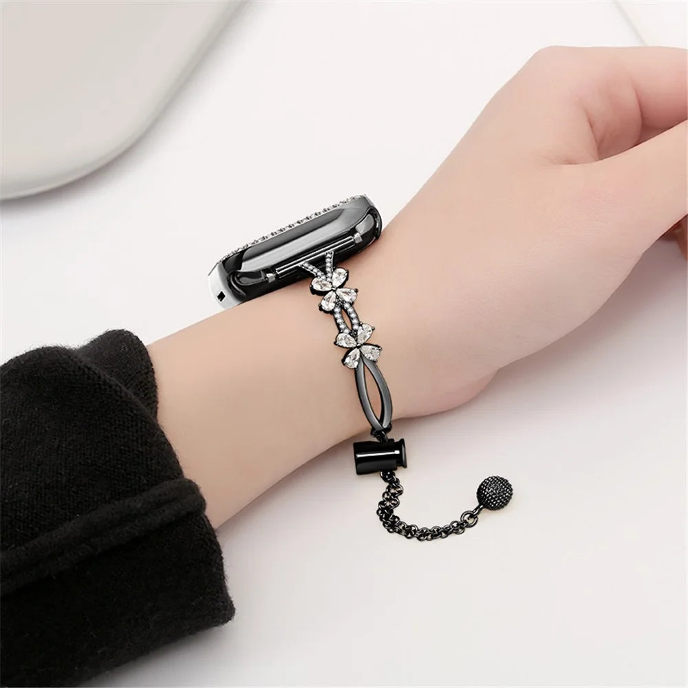20mm Universal Rhinestone Flower Smart Watch Band Copper Bracelet Replacement Strap - Black - 3