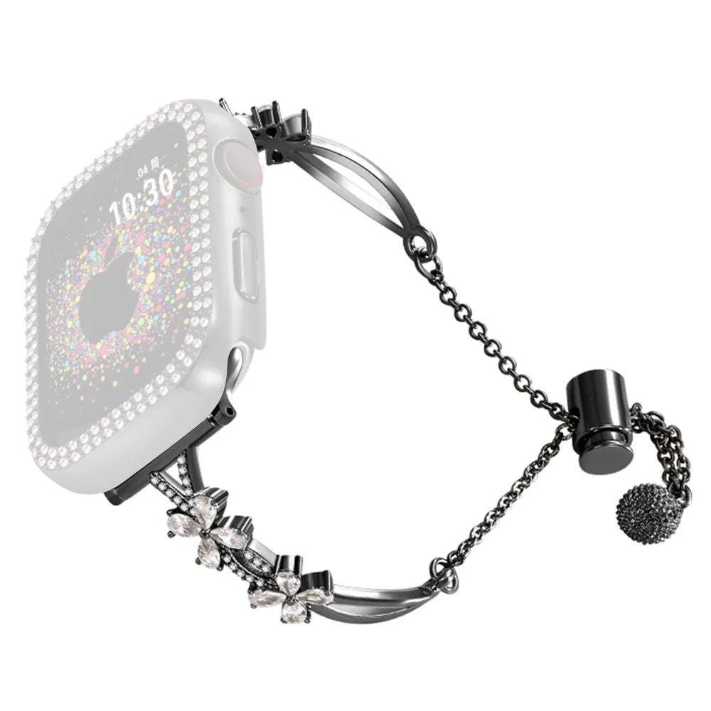 Rhinestone Flower Decor Strap for Apple Watch Series 11 10 42mm / 9 8 7 41mm / SE3 SE2 SE 6 5 4 40mm / 3 2 1 38mm Copper Bracelet - Black - 1