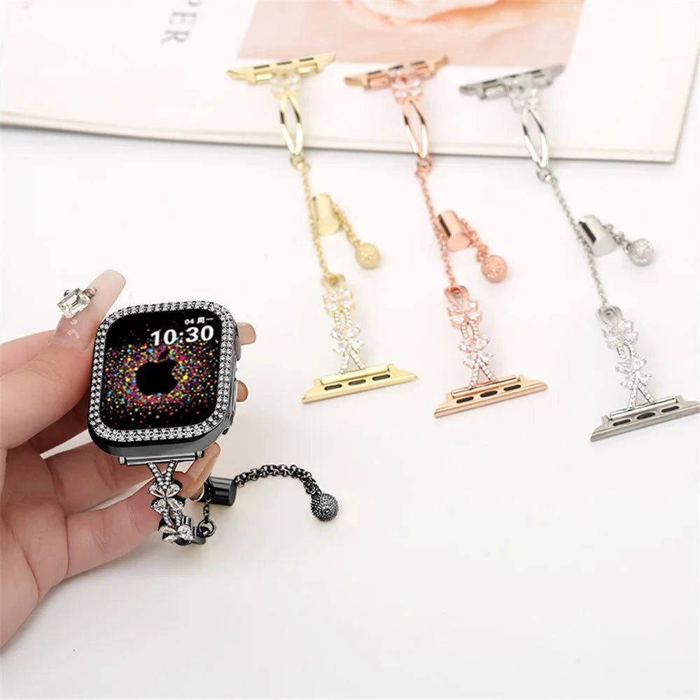 Rhinestone Flower Decor Strap for Apple Watch Series 11 10 42mm / 9 8 7 41mm / SE3 SE2 SE 6 5 4 40mm / 3 2 1 38mm Copper Bracelet - Black - 5