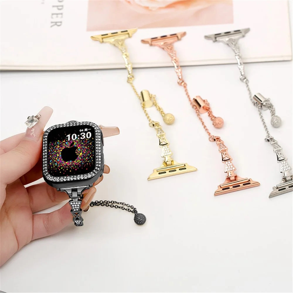 Tower Design Watch Strap for Apple Watch Series 11 10 42mm / 9 8 7 41mm / SE3 SE2 SE 6 5 4 40mm / 3 2 1 38mm Rhinestone Decor Copper Bracelet - Black - 5