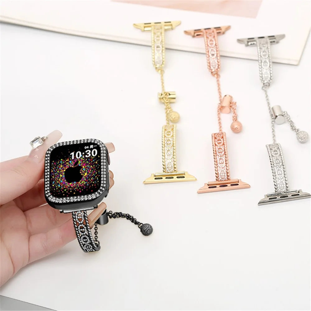 Watch Strap for Apple Watch Series 11 10 42mm / 9 8 7 41mm / SE3 SE2 SE 6 5 4 40mm / 3 2 1 38mm Rhinestone Copper Bracelet - Black - 5