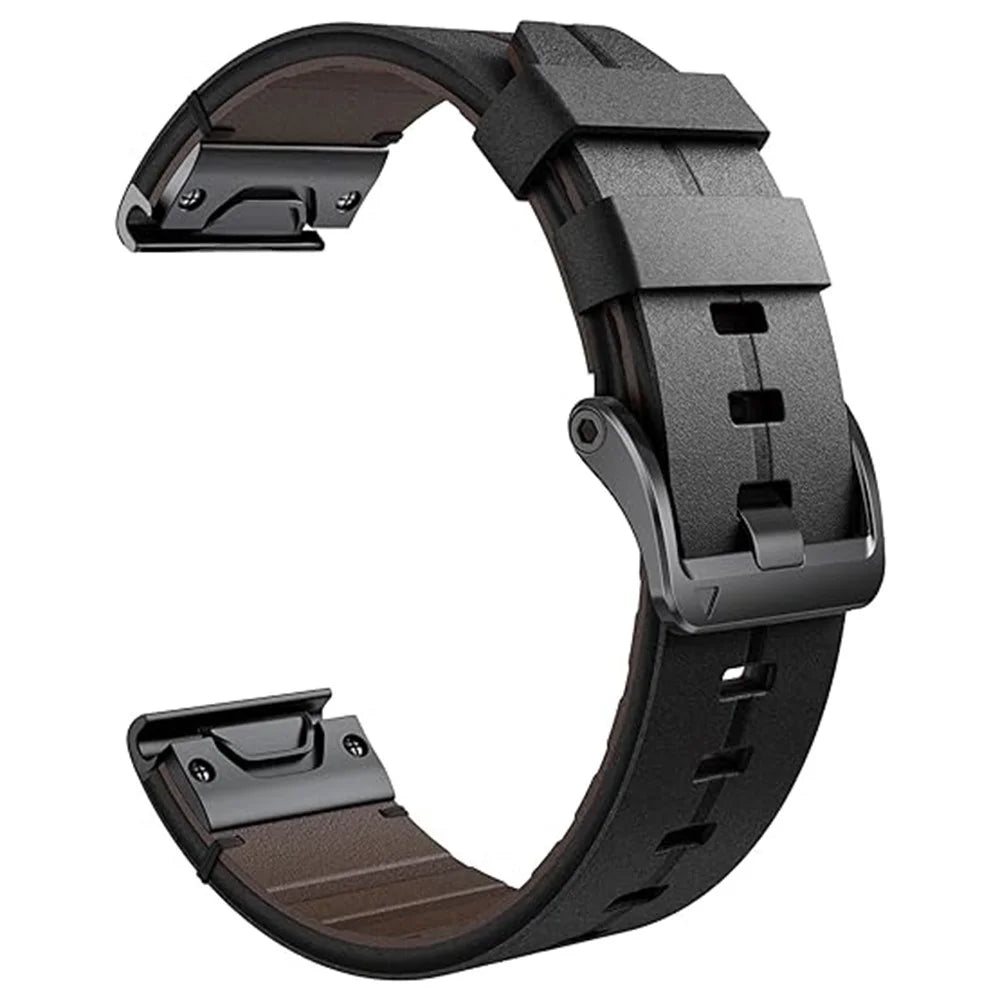 For Garmin Fenix 5 6 7 Instinc Instinc 2 Approach 22mm Soft Genuine Leather Watch Strap - Black - 1