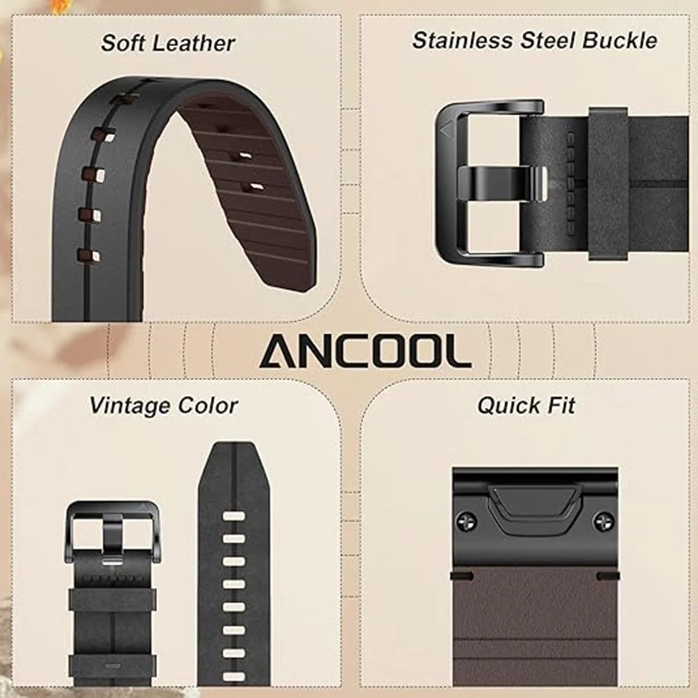 For Garmin Fenix 5 6 7 Instinc Instinc 2 Approach 22mm Soft Genuine Leather Watch Strap - Black - 5
