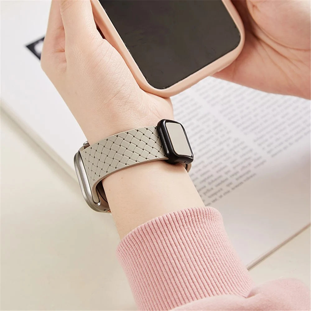 Watch Band For Apple Watch Series 11 10 42mm / 9 8 7 41mm / SE3 SE2 SE 6 5 4 40mm / 3 2 1 38mm Woven Texture Silicone Strap - Misty Blue - 3