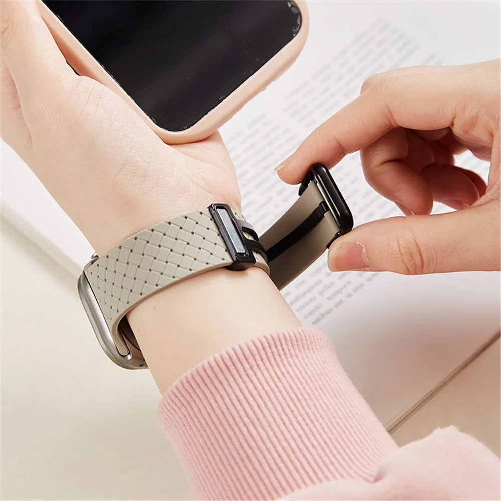 Watch Band For Apple Watch Series 11 10 42mm / 9 8 7 41mm / SE3 SE2 SE 6 5 4 40mm / 3 2 1 38mm Woven Texture Silicone Strap - Misty Blue - 4