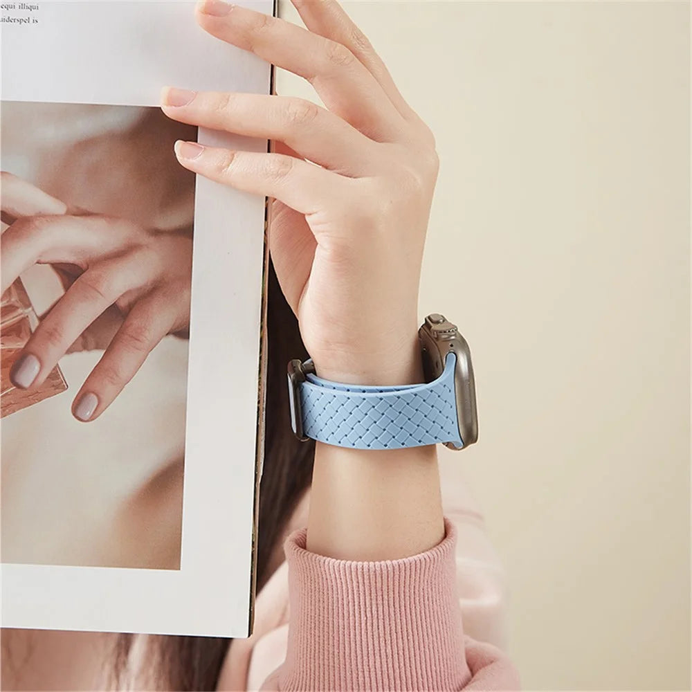 Watch Band For Apple Watch Series 11 10 42mm / 9 8 7 41mm / SE3 SE2 SE 6 5 4 40mm / 3 2 1 38mm Woven Texture Silicone Strap - Misty Blue - 6