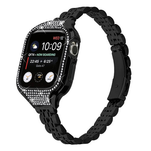 For Apple Watch Series 7 / 8 / 9 41mm Replacement 7 Beads Stainless Steel Strap with Watch Case - Black - 1