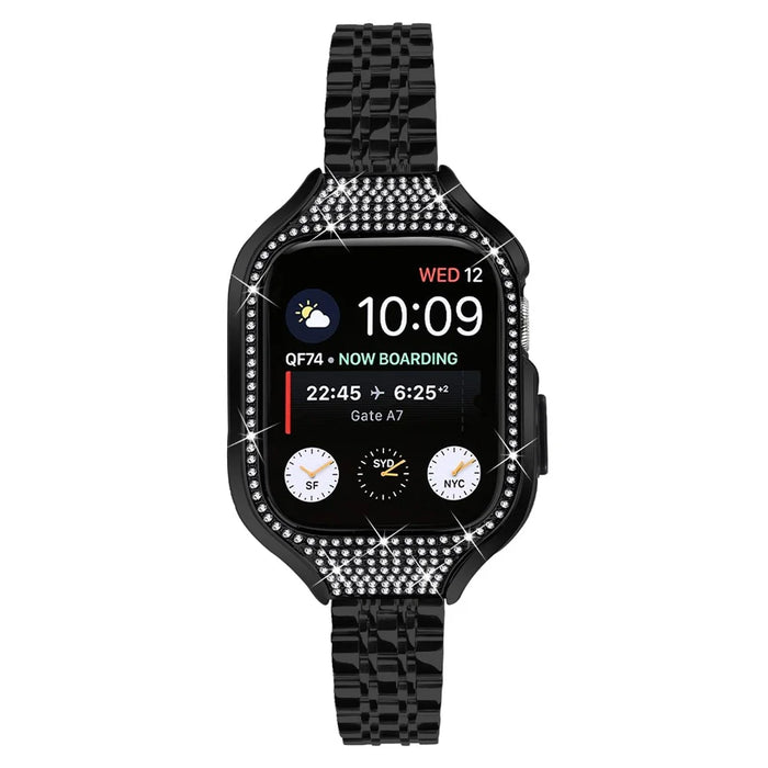 For Apple Watch Series 7 / 8 / 9 41mm Replacement 7 Beads Stainless Steel Strap with Watch Case - Black - 2