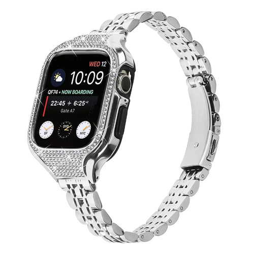 For Apple Watch Series 7 / 8 / 9 41mm 7 Beads Stainless Steel Watchband with Rhinestone Watch Case - Silver - 1