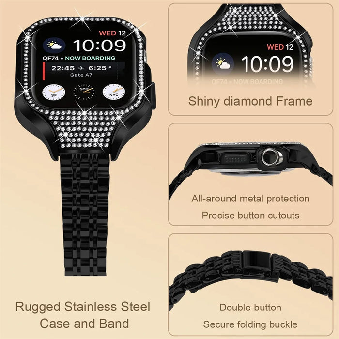 For Apple Watch Series 6  /  5  /  4  /  SE (2022)  /  SE (2023)  /  SE 40mm Electroplated 7 Beads Stainless Steel Strap with Watch Case - Black - 3
