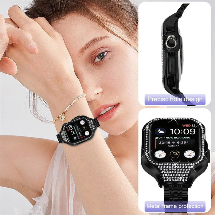 For Apple Watch Series 6  /  5  /  4  /  SE (2022)  /  SE (2023)  /  SE 40mm Electroplated 7 Beads Stainless Steel Strap with Watch Case - Black - 5