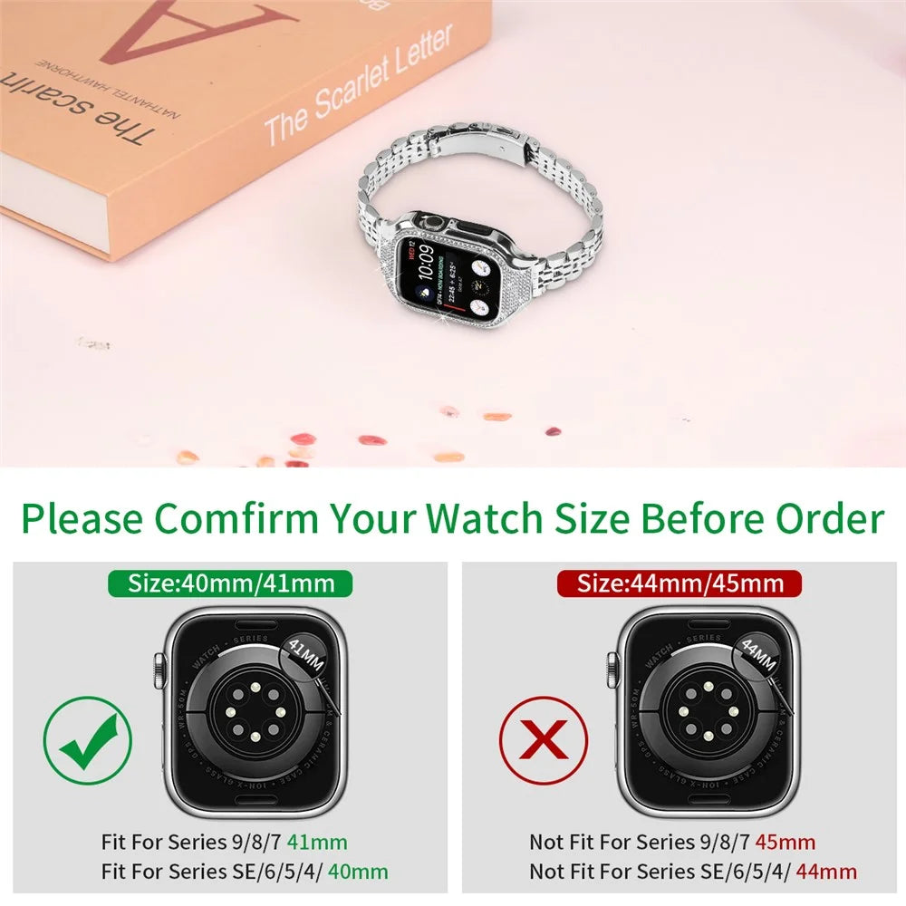 For Apple Watch Series 6  /  5  /  4  /  SE (2022)  /  SE (2023)  /  SE 40mm 7 Beads Stainless Steel Strap with Rhinestone Watch Case - Silver - 4