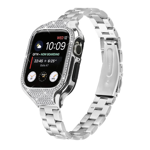 For Apple Watch Series 7 / 8 / 9 41mm Folding Buckle 3 Beads Stainless Steel Watch Strap with Watch Case - Silver - 1