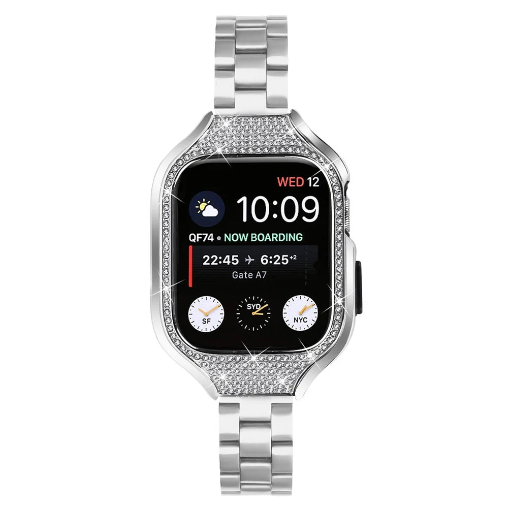 For Apple Watch Series 7 / 8 / 9 41mm Folding Buckle 3 Beads Stainless Steel Watch Strap with Watch Case - Silver - 2