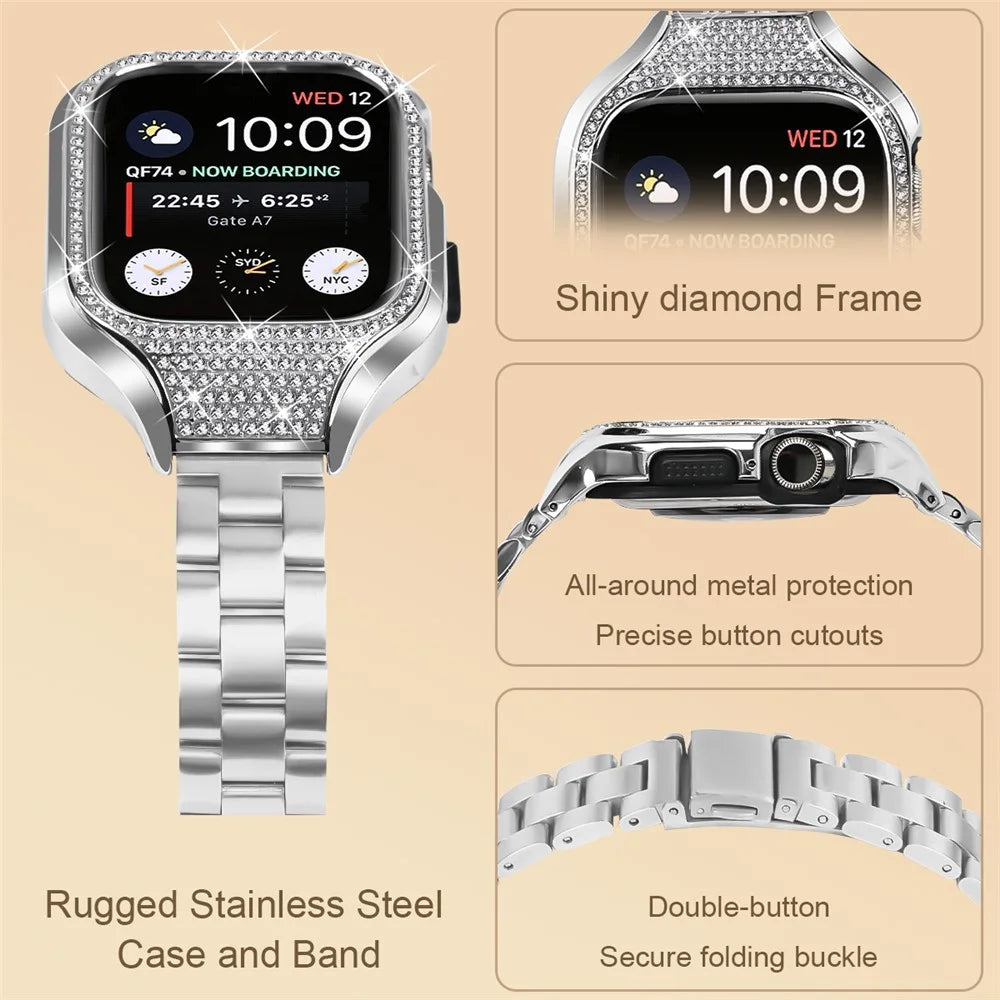 For Apple Watch Series 7 / 8 / 9 41mm Folding Buckle 3 Beads Stainless Steel Watch Strap with Watch Case - Silver - 3