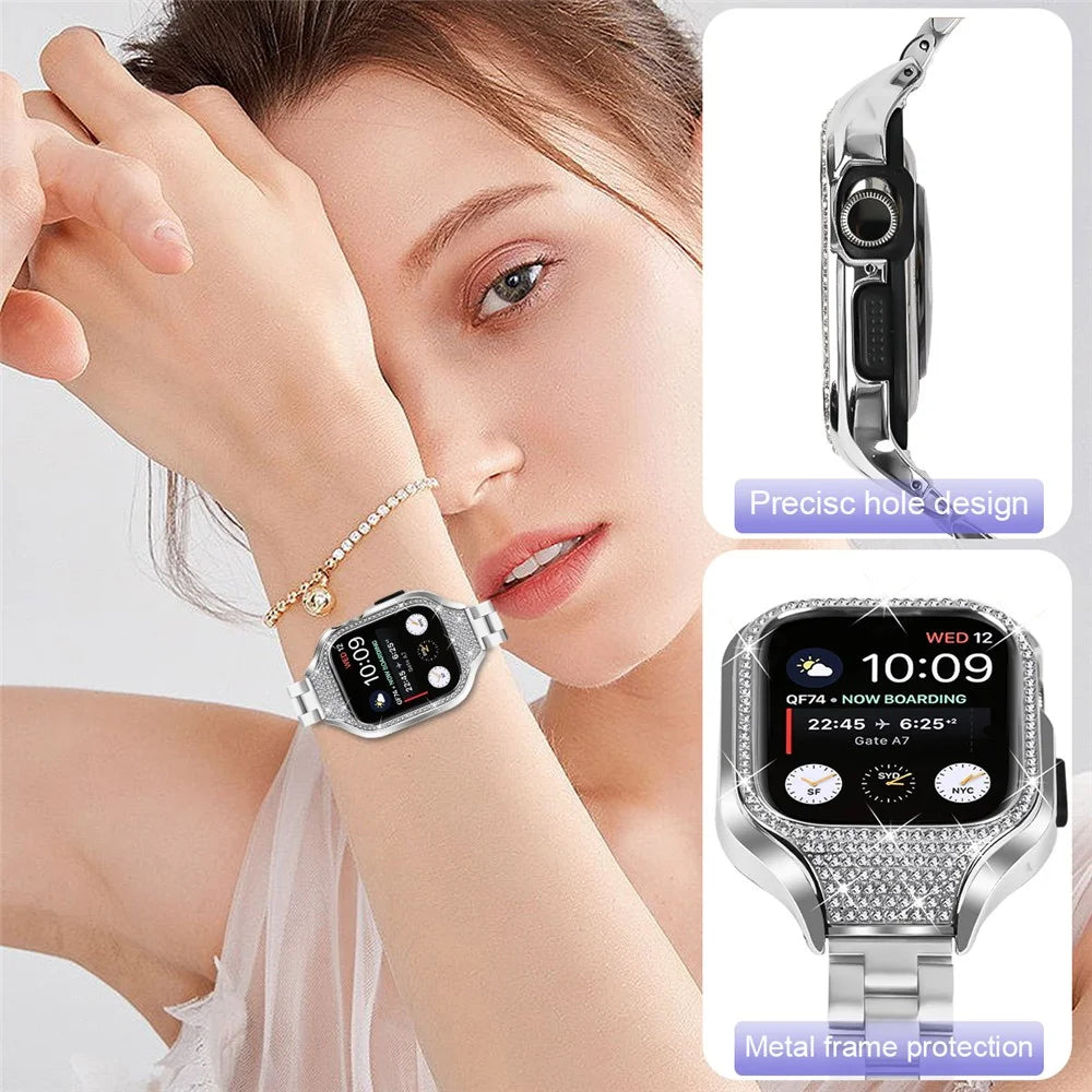 For Apple Watch Series 7 / 8 / 9 41mm Folding Buckle 3 Beads Stainless Steel Watch Strap with Watch Case - Silver - 5