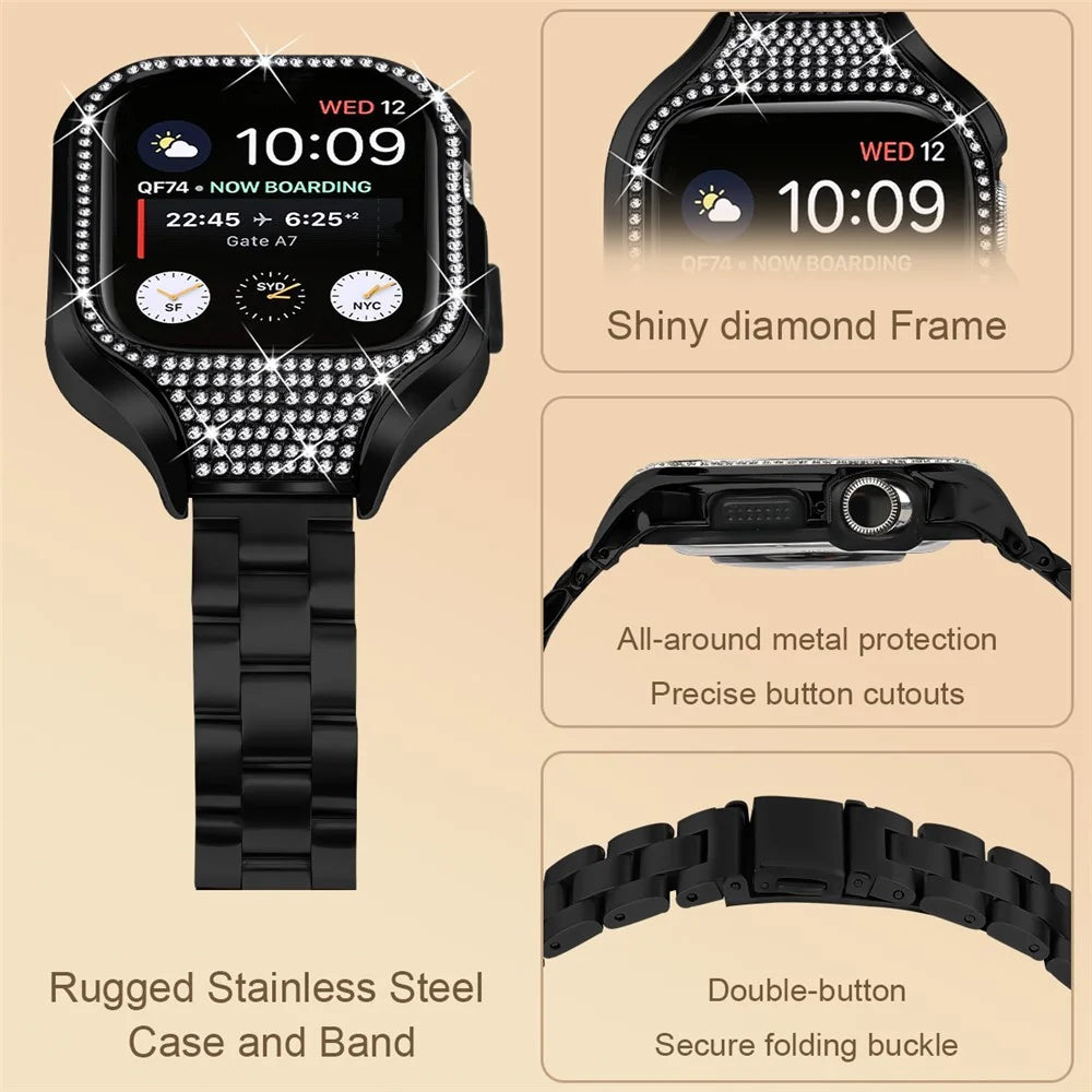 For Apple Watch Series 6  /  5  /  4  /  SE (2022)  /  SE (2023)  /  SE 40mm 3 Beads Stainless Steel Watch Band with Watch Case - Black - 3