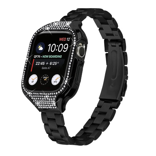 For Apple Watch Series 7 / 8 / 9 41mm Buckle Design Stainless Steel Watch Strap with Watch Case - Black - 1