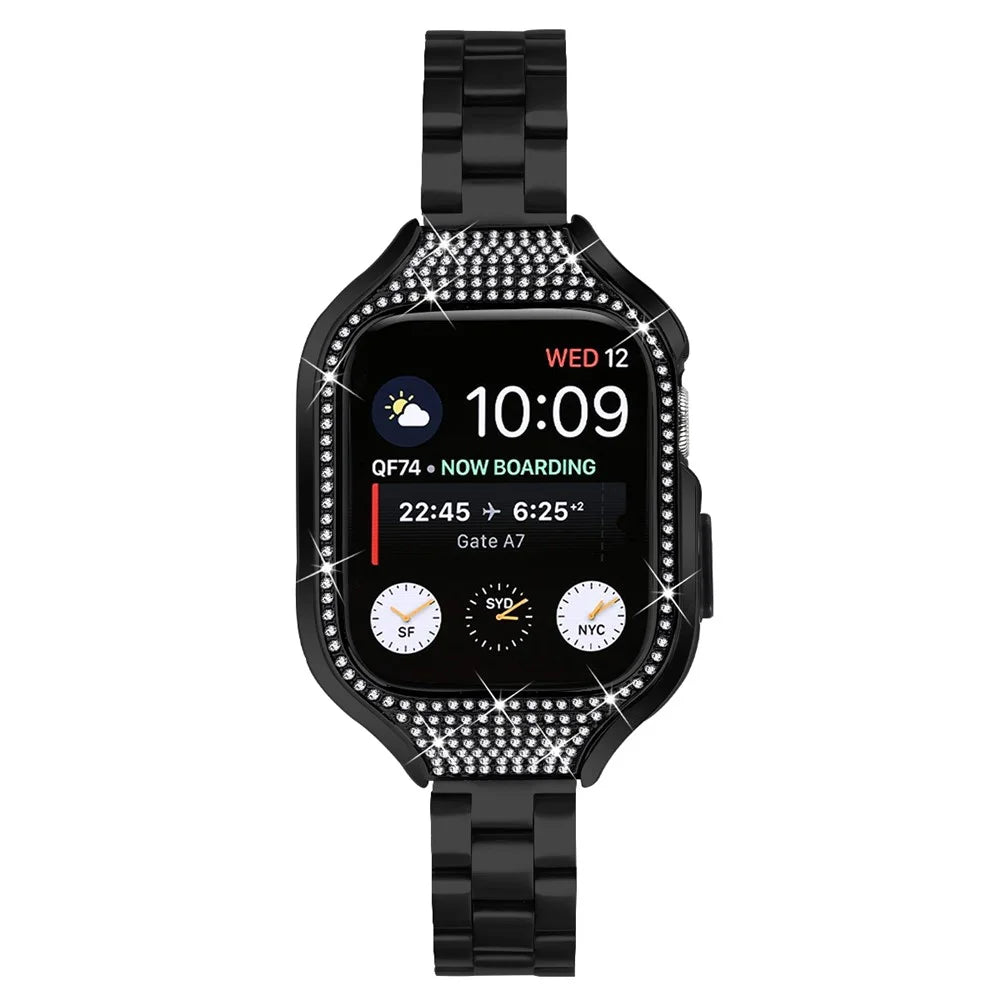 For Apple Watch Series 7 / 8 / 9 41mm Buckle Design Stainless Steel Watch Strap with Watch Case - Black - 2