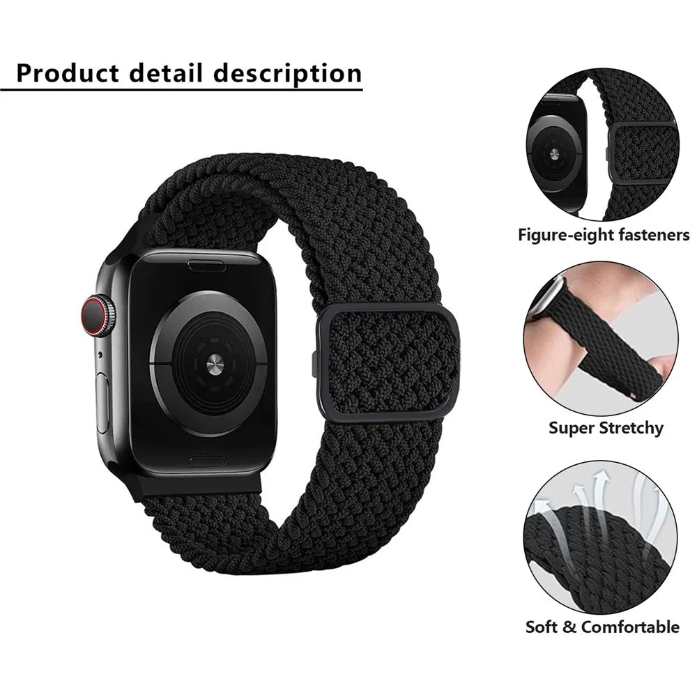 KALEBOL Watch Band For Apple Watch Series 11 10 42mm / 9 8 7 41mm / SE3 SE2 SE 6 5 4 40mm / 3 2 1 38mm Nylon Strap - Black - 4