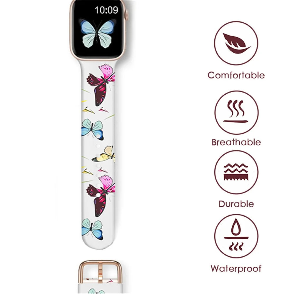 Watch Band For Apple Watch Series 11 10 42mm / 9 8 7 41mm / SE3 SE2 SE 6 5 4 40mm / 3 2 1 38mm Butterfly Printing Strap - 4