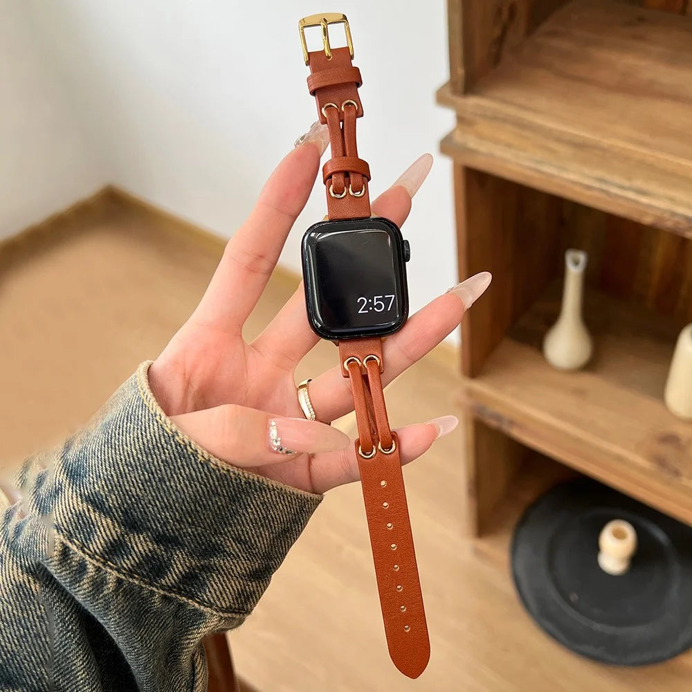 For Apple Watch Ultra 3 2 1 49mm / Series 11 10 46mm / 9 8 7 45mm / SE3 SE2 SE 6 5 4 44mm / 3 2 1 42mm Genuine Cow Leather Watchband - Brown - 1